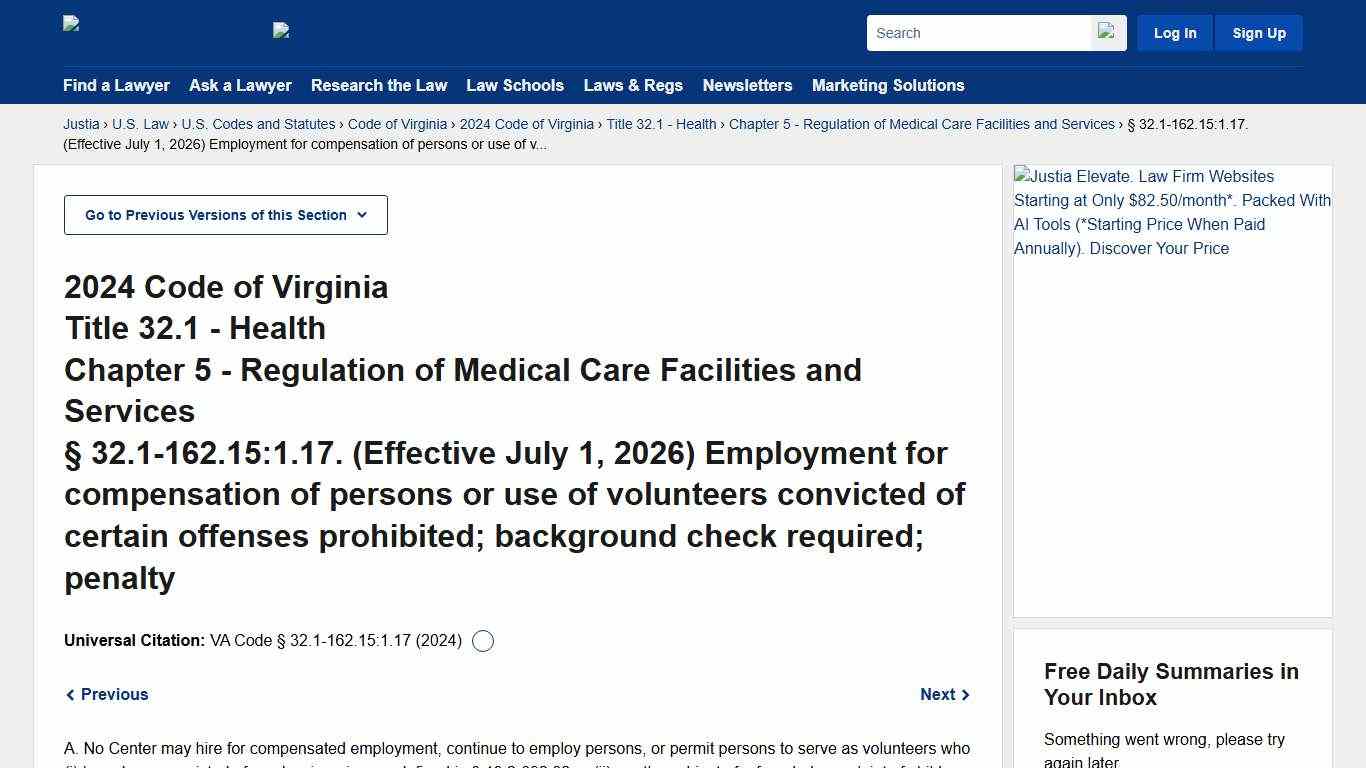 Code of Virginia § 32.1-162.15:1.17 (2024) - (Effective July 1, 2026) Employment for compensation of persons or use of volunteers convicted of certain offenses prohibited; background check required; penalty :: 2024 Code of Virginia :: U.S. Codes and Statutes :: U.S. Law :: Justia